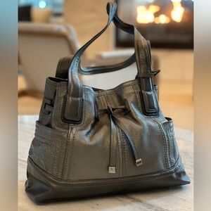 Tignanello Medium Gray Gunmetal Metallic Leather Multi Pocket Shoulder Bag